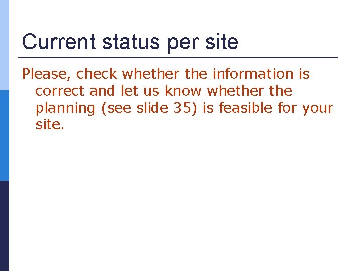Current status per site Please, check whether the information is correct and let us