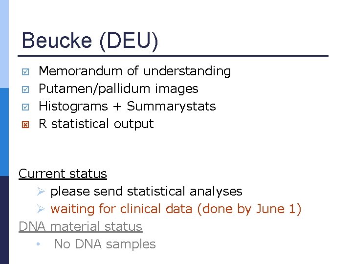 Beucke (DEU) Memorandum of understanding Putamen/pallidum images Histograms + Summarystats R statistical output Current