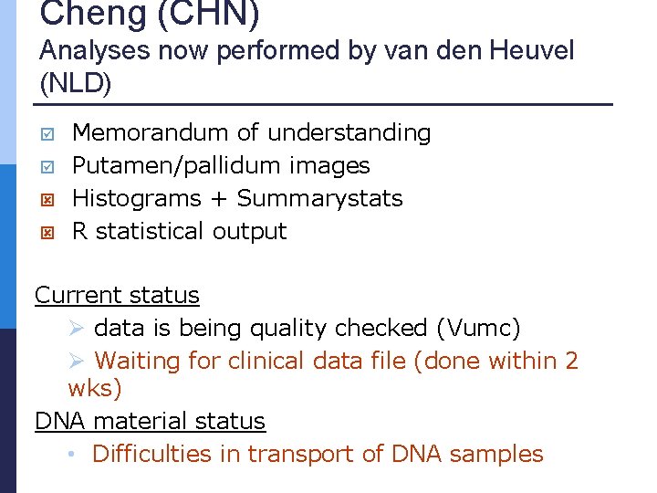 Cheng (CHN) Analyses now performed by van den Heuvel (NLD) Memorandum of understanding Putamen/pallidum