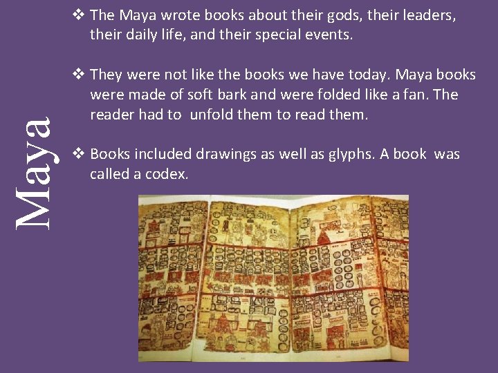 Maya v The Maya wrote books about their gods, their leaders, their daily life,