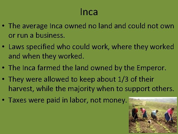 Inca • The average Inca owned no land could not own or run a