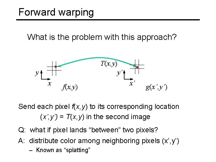 Forward warping What is the problem with this approach? T(x, y) y’ y x