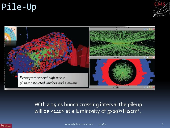 Pile-Up With a 25 ns bunch crossing interval the pileup will be <140> at