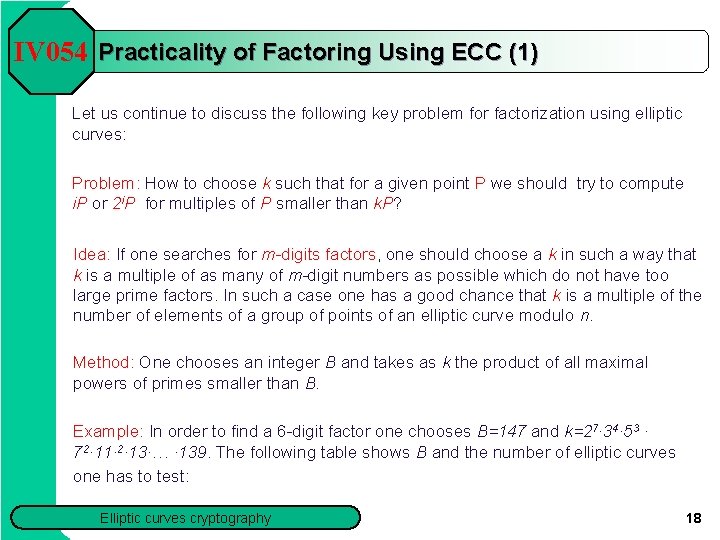 IV 054 Practicality of Factoring Using ECC (1) Let us continue to discuss the