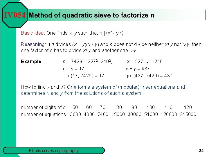 IV 054 Method of quadratic sieve to factorize n Basic idea: One finds x,