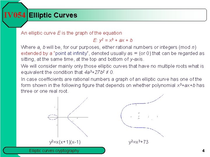 IV 054 Elliptic Curves An elliptic curve E is the graph of the equation