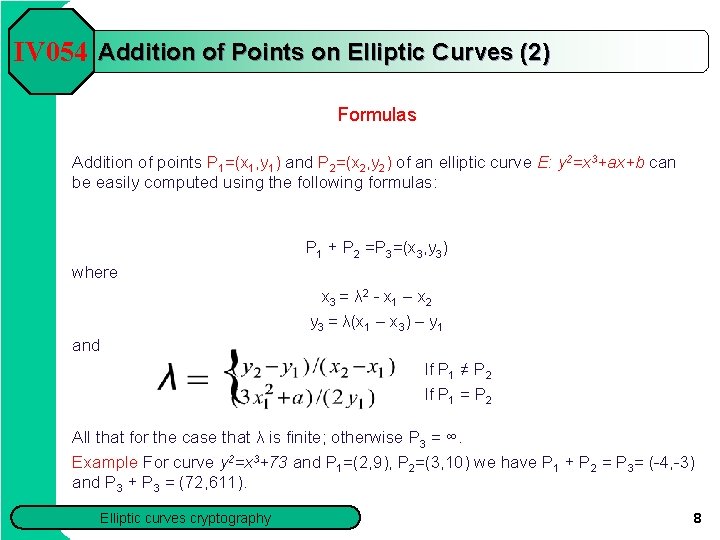 IV 054 Addition of Points on Elliptic Curves (2) Formulas Addition of points P