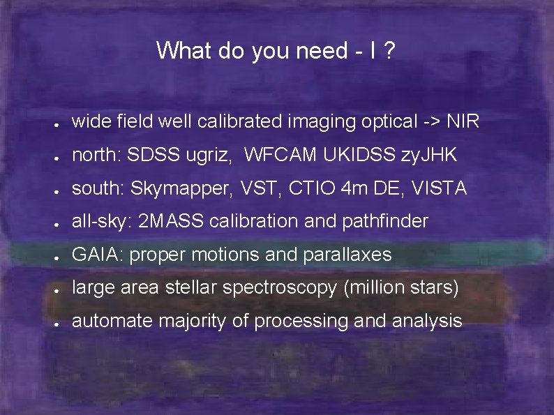 What do you need - I ? ● wide field well calibrated imaging optical
