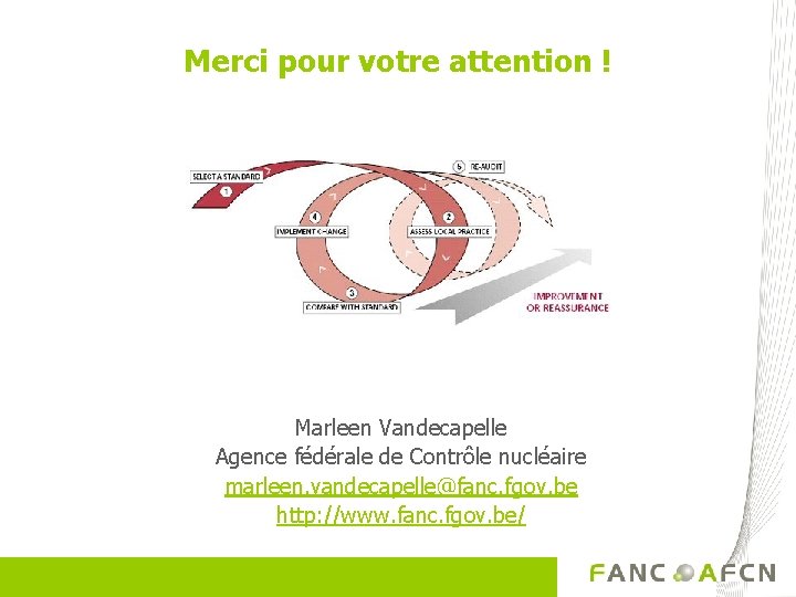 Merci pour votre attention ! Marleen Vandecapelle Agence fédérale de Contrôle nucléaire marleen. vandecapelle@fanc.