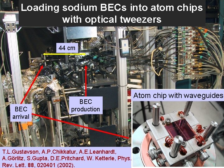 Loading sodium BECs into atom chips with optical tweezers 44 cm BEC arrival BEC