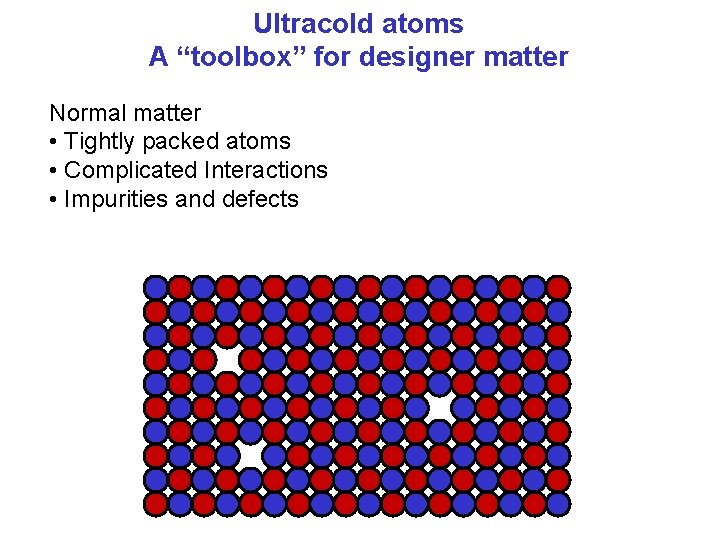 Ultracold atoms A “toolbox” for designer matter Normal matter • Tightly packed atoms •