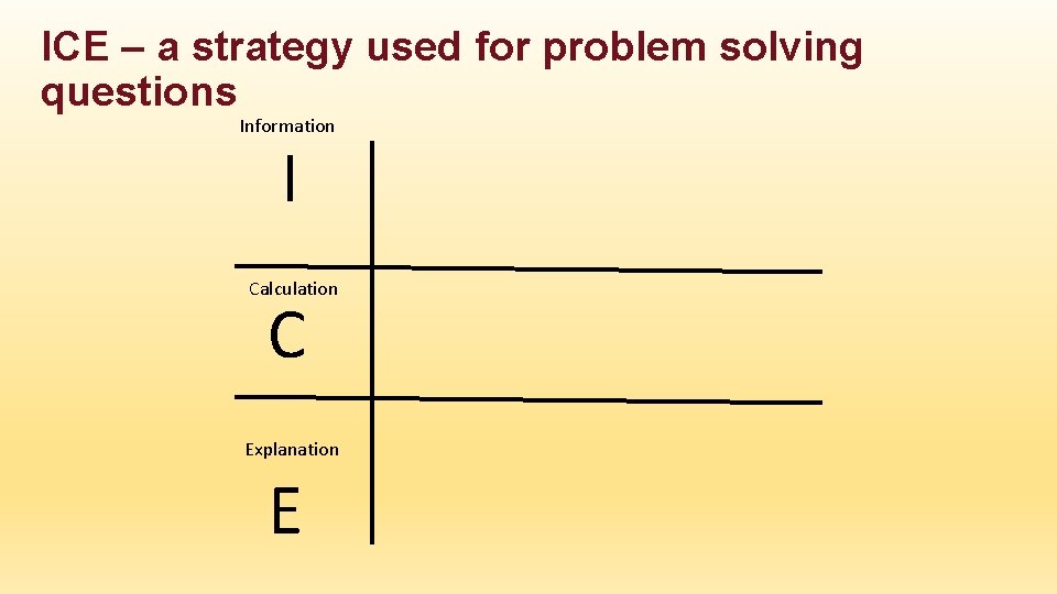 ICE – a strategy used for problem solving questions Information I Calculation C Explanation