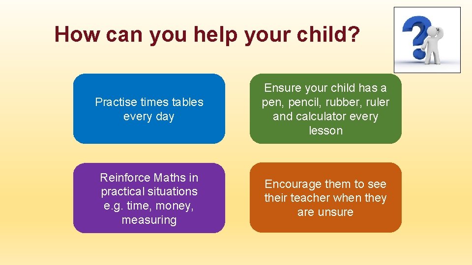 How can you help your child? Practise times tables every day Ensure your child