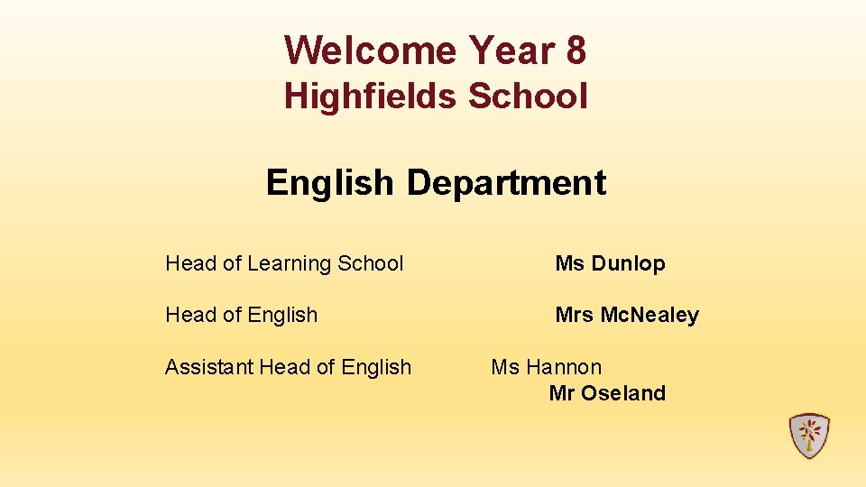 Welcome Year 8 Highfields School English Department Head of Learning School Head of English