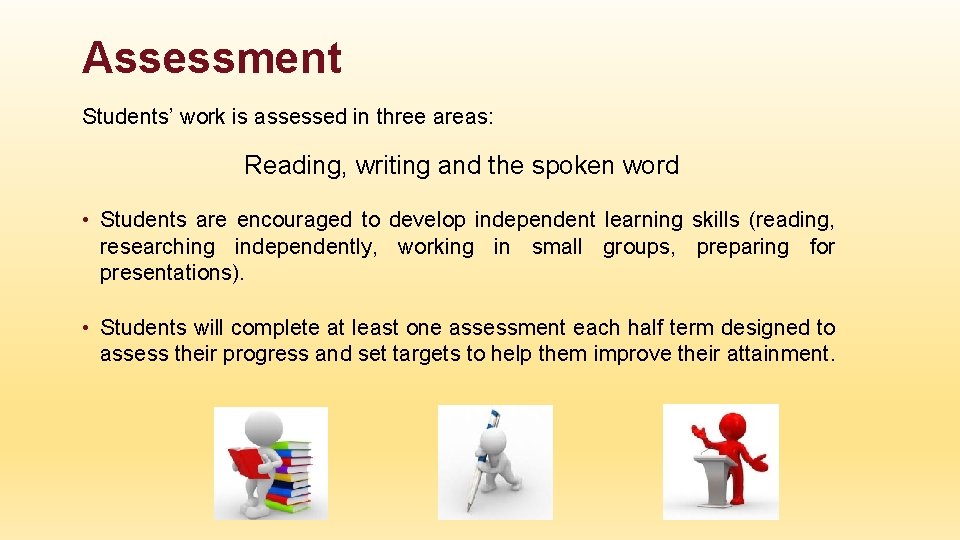 Assessment Students’ work is assessed in three areas: Reading, writing and the spoken word