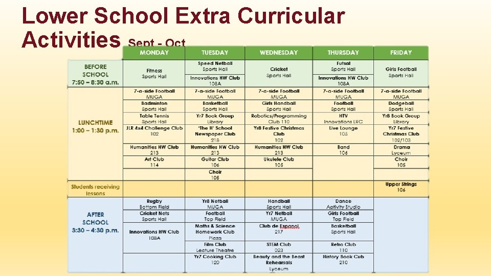 Lower School Extra Curricular Activities Sept - Oct 