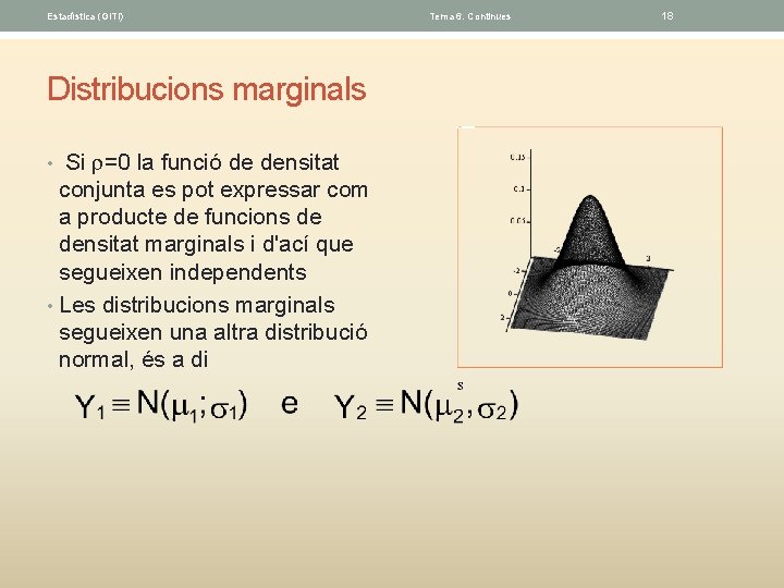 Estadística (GITI) Distribucions marginals • Si =0 la funció de densitat conjunta es pot