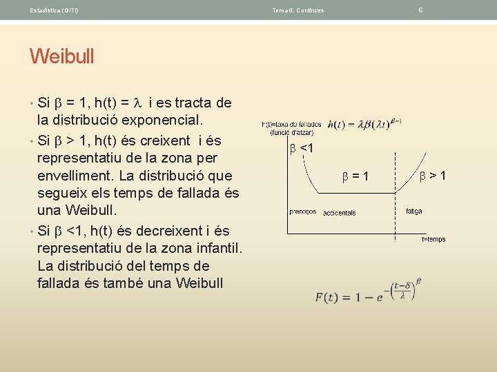 Estadística (GITI) 6 Tema 6. Continues Weibull • Si = 1, h(t) = i