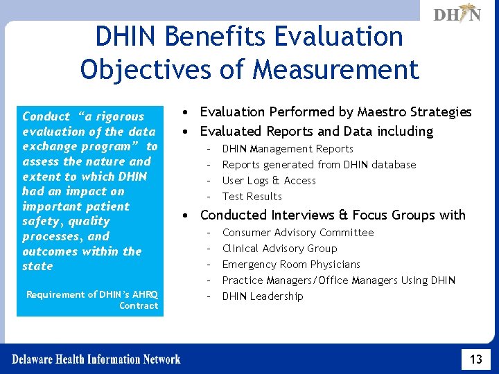DHIN Benefits Evaluation Objectives of Measurement Conduct “a rigorous evaluation of the data exchange