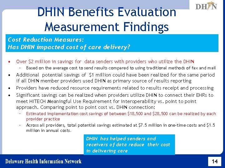 DHIN Benefits Evaluation Measurement Findings Cost Reduction Measures: Has DHIN impacted cost of care