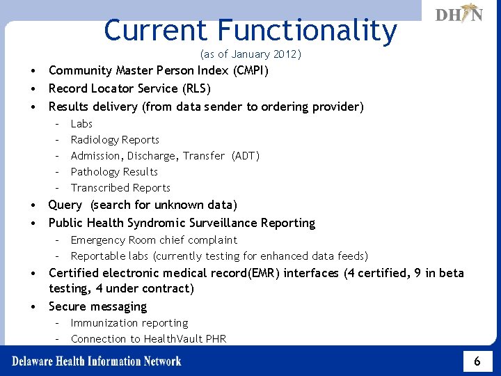 Current Functionality (as of January 2012) • Community Master Person Index (CMPI) • Record