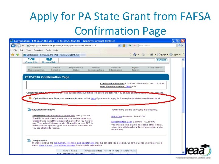 Apply for PA State Grant from FAFSA Confirmation Page 