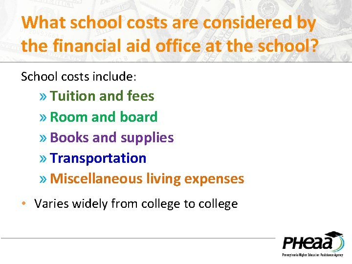 What school costs are considered by the financial aid office at the school? School
