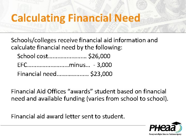 Calculating Financial Need Schools/colleges receive financial aid information and calculate financial need by the