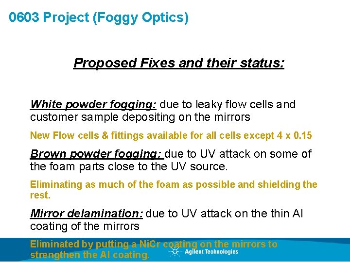 0603 Project (Foggy Optics) Proposed Fixes and their status: White powder fogging: due to