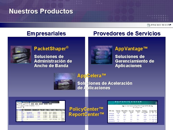 Nuestros Productos ® Empresariales Provedores de Servicios Packet. Shaper® App. Vantage™ Soluciones de Administración