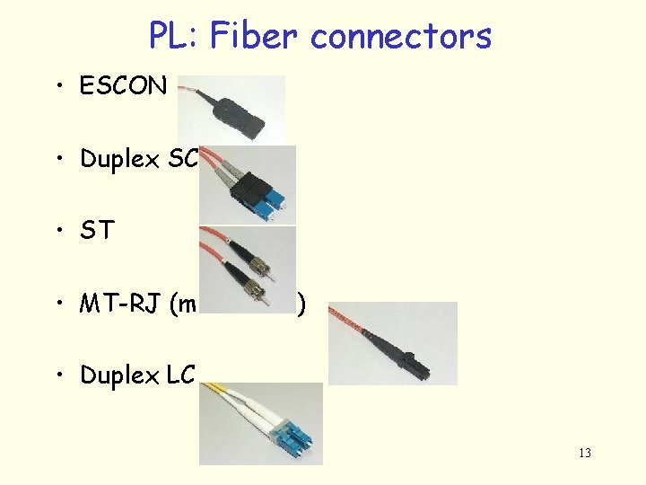 PL: Fiber connectors • ESCON • Duplex SC • ST • MT-RJ (multimode) •