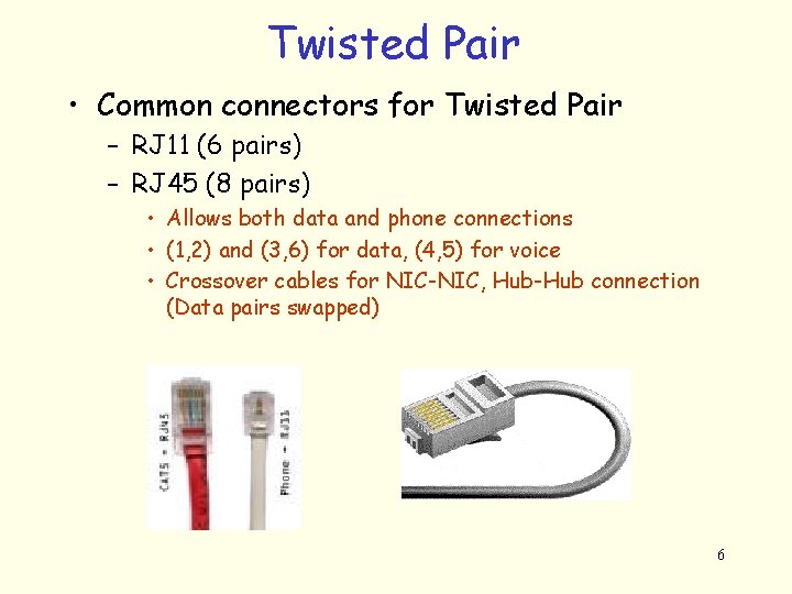 Twisted Pair • Common connectors for Twisted Pair – RJ 11 (6 pairs) –