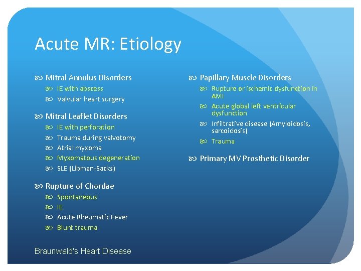 Acute MR: Etiology Mitral Annulus Disorders IE with abscess Valvular heart surgery Mitral Leaflet