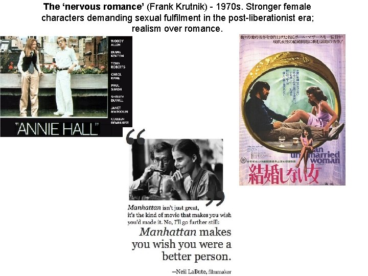 The ‘nervous romance’ (Frank Krutnik) - 1970 s. Stronger female characters demanding sexual fulfilment