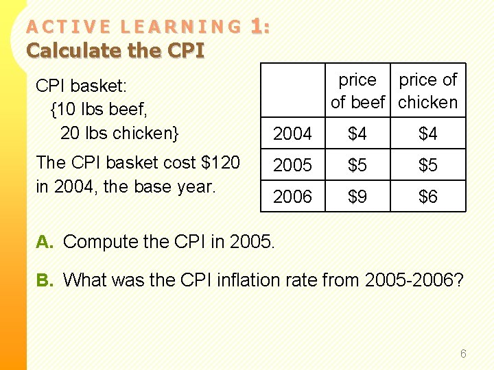 ACTIVE LEARNING Calculate the CPI basket: {10 lbs beef, 20 lbs chicken} The CPI