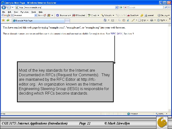 Most of the key standards for the Internet are Documented in RFCs (Request for