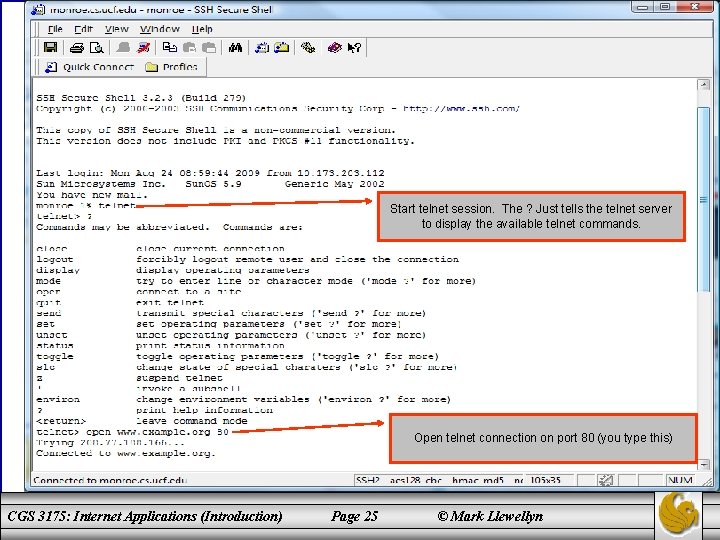 Start telnet session. The ? Just tells the telnet server to display the available