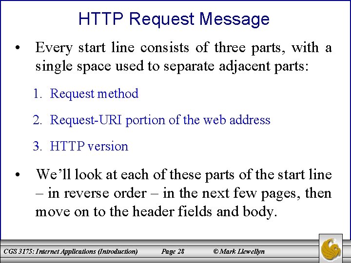 HTTP Request Message • Every start line consists of three parts, with a single