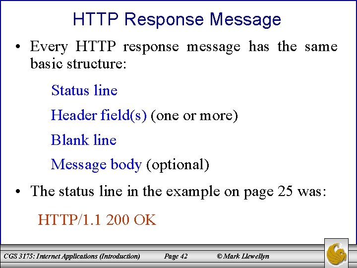 HTTP Response Message • Every HTTP response message has the same basic structure: Status