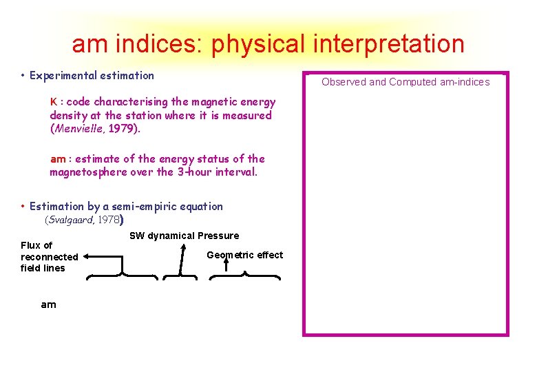 am indices: physical interpretation • Experimental estimation Observed and Computed am-indices K : code