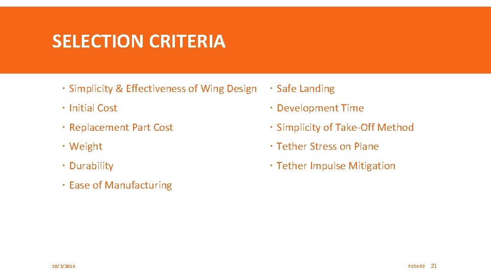 SELECTION CRITERIA Simplicity & Effectiveness of Wing Design Safe Landing Initial Cost Development Time