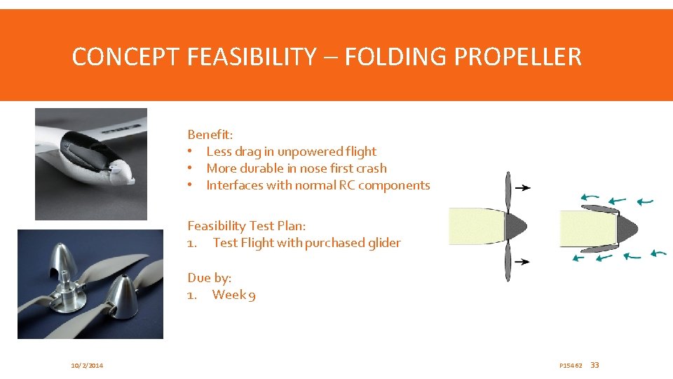 CONCEPT FEASIBILITY – FOLDING PROPELLER Benefit: • Less drag in unpowered flight • More