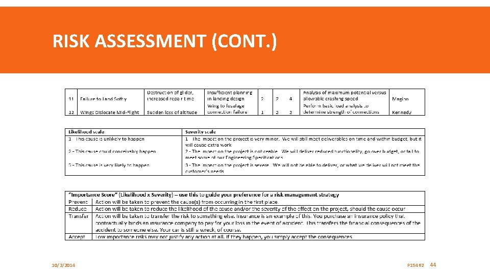 RISK ASSESSMENT (CONT. ) 10/2/2014 P 15462 44 