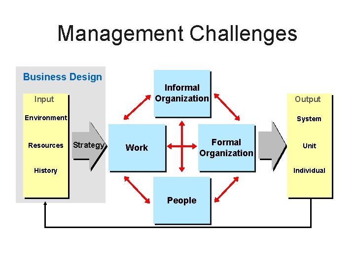Management Challenges Business Design Informal Organization Input Environment Resources Output System Strategy Formal Organization