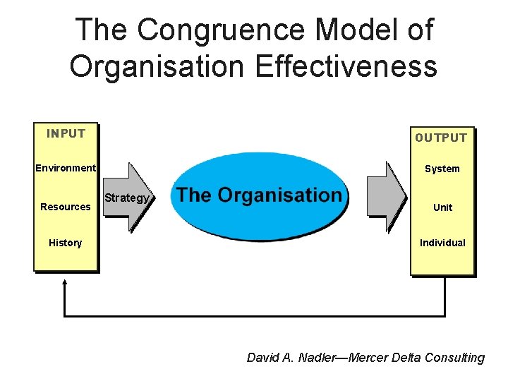 The Congruence Model of Organisation Effectiveness INPUT OUTPUT Environment System Resources History Strategy Unit