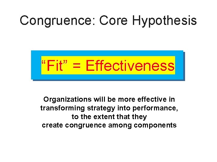 Congruence: Core Hypothesis “Fit” = Effectiveness Organizations will be more effective in transforming strategy