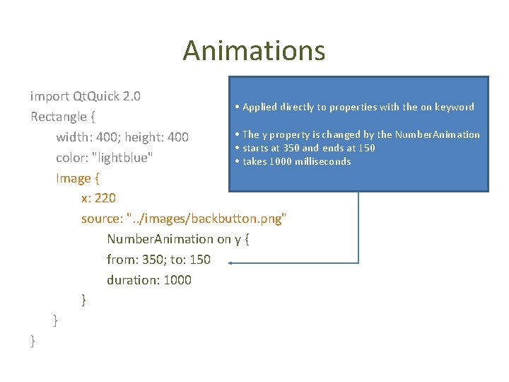 Animations import Qt. Quick 2. 0 • Applied directly to properties with the on