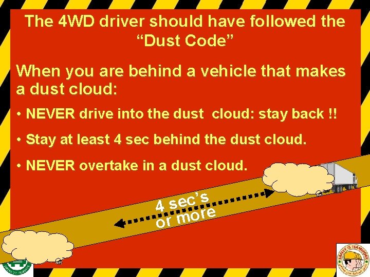 The 4 WD driver should have followed the “Dust Code” When you are behind