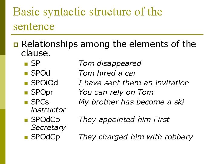 Basic syntactic structure of the sentence p Relationships among the elements of the clause. Basic syntactic structure of the sentence p Relationships among the elements of the clause.