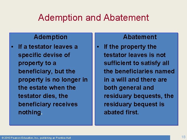 Ademption and Abatement Ademption • If a testator leaves a specific devise of property